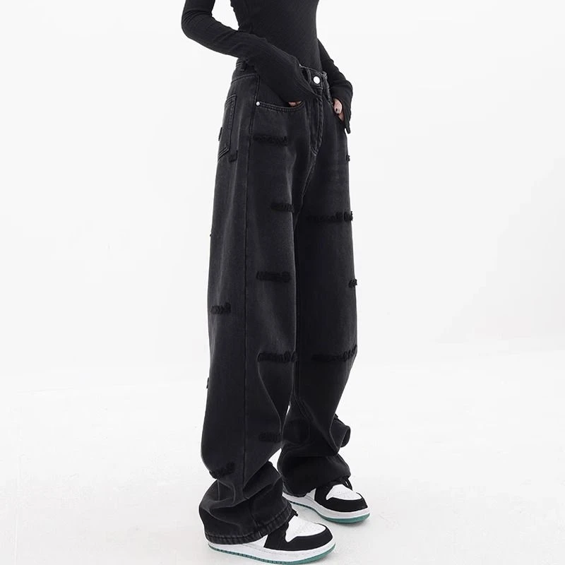 黑色设计感直筒牛仔裤女春秋大码胖宽松显瘦高腰拖地阔腿长裤子