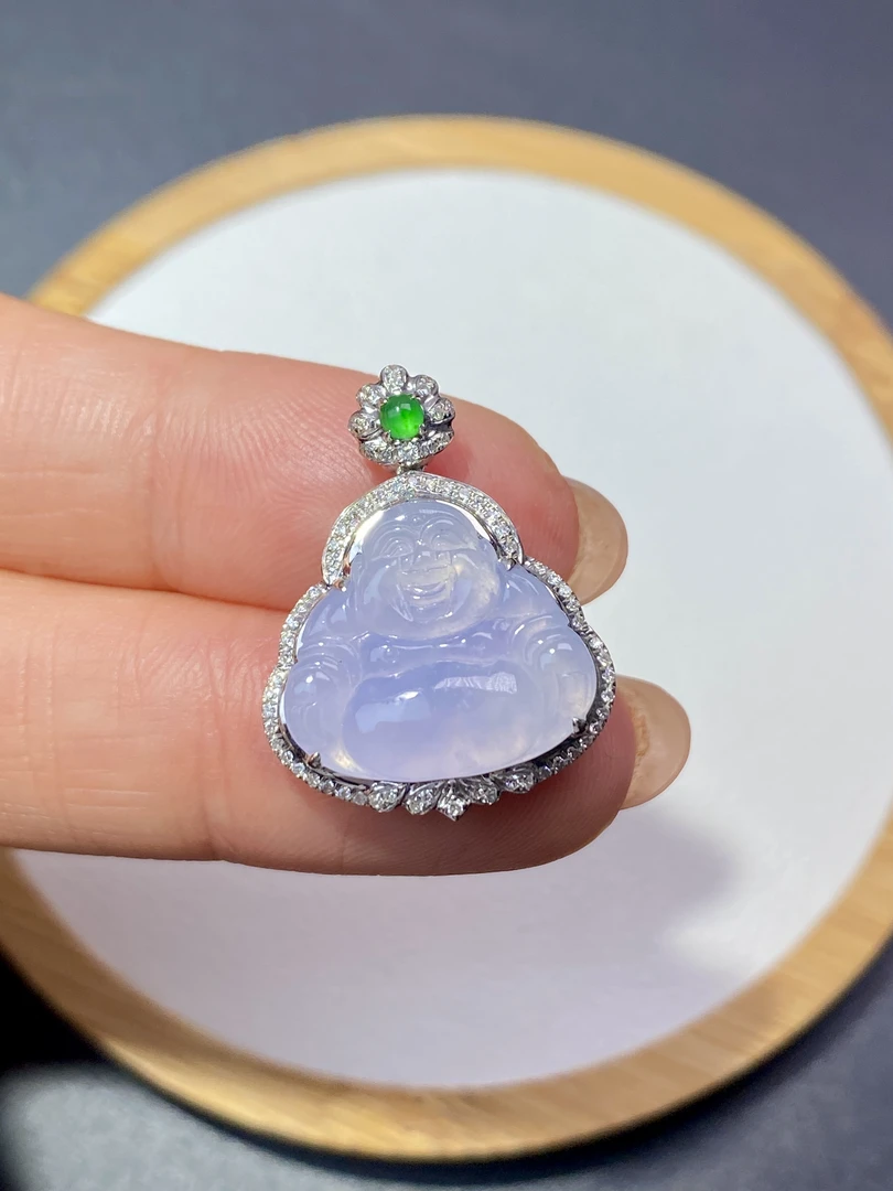 18k金镶嵌缅甸天然翡翠冰紫佛公吊坠天然翡翠翡翠吊坠