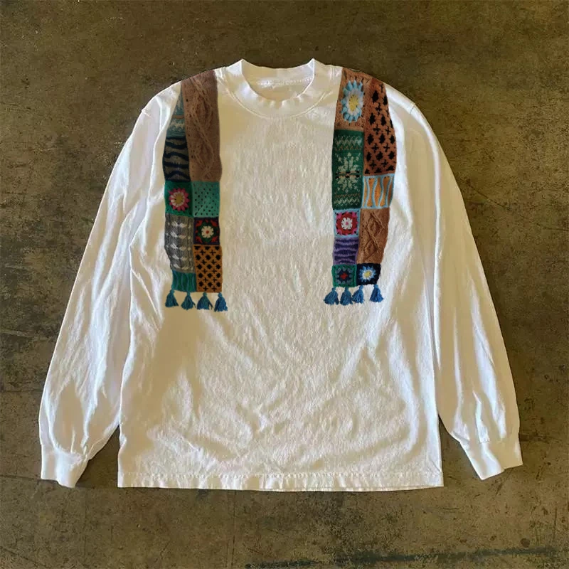 100%纯棉重磅美式复古祖母方格围巾印花宽松休闲长袖T恤打底衫潮