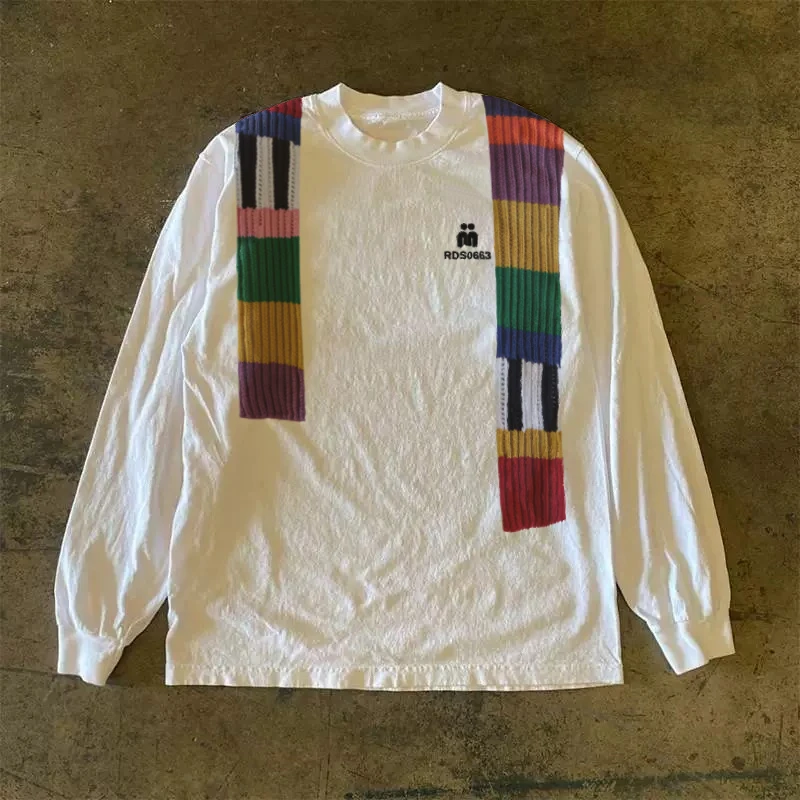 100%纯棉重磅美式复古设计感小众彩色围巾印花宽松长袖T恤打底衫