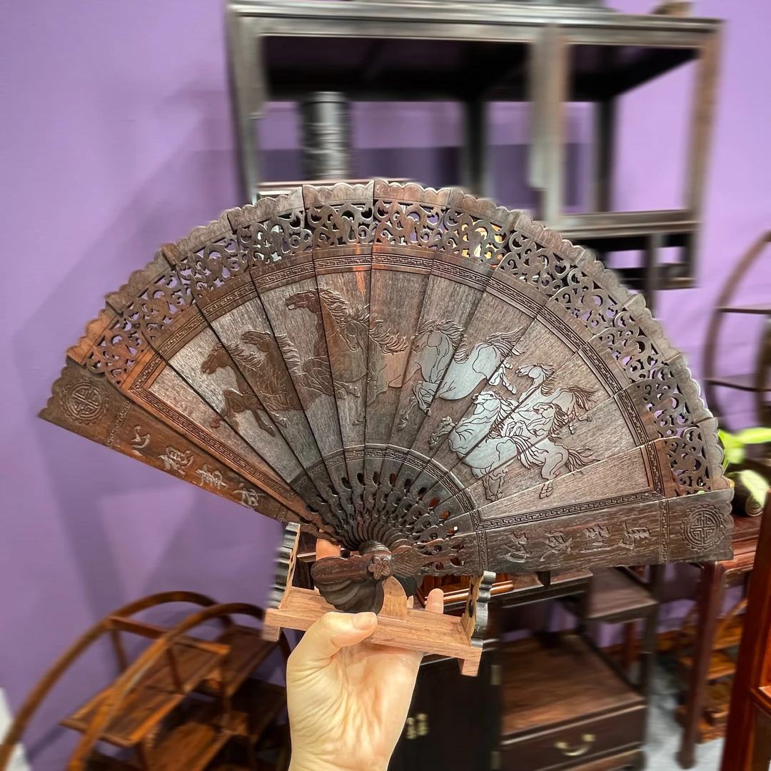 源艺•大红酸枝交趾黄檀马到成功摆扇