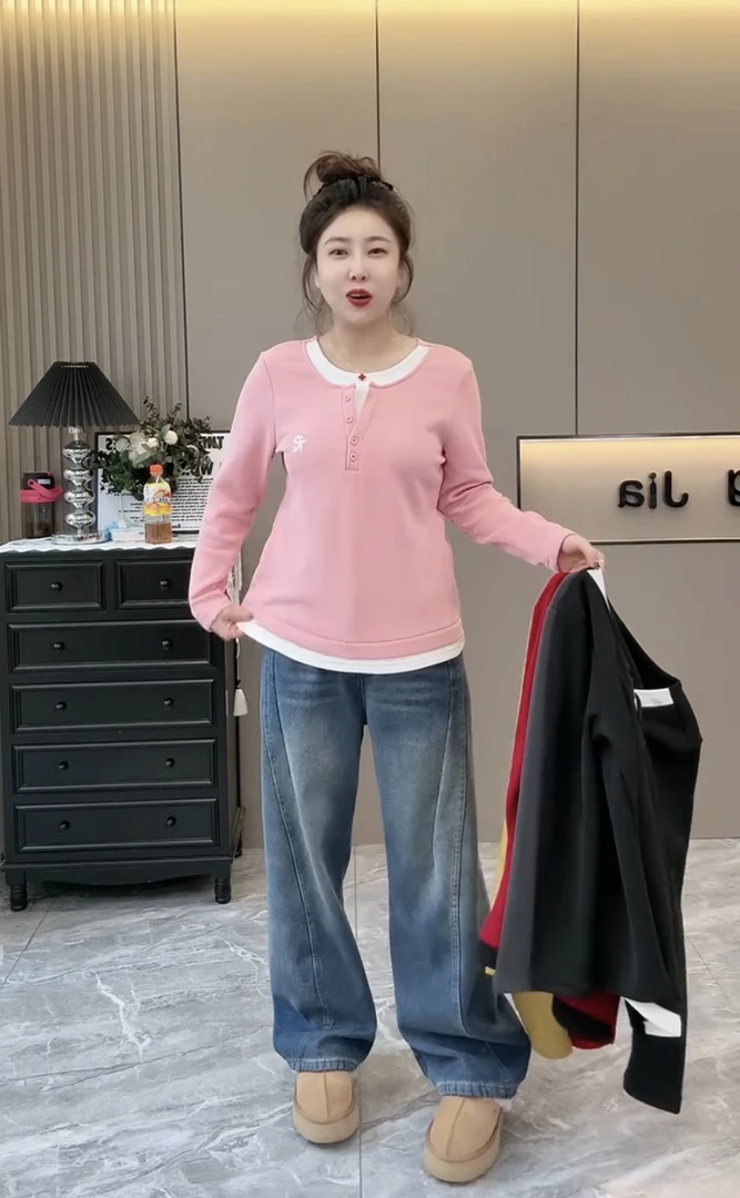 大码女装秋冬新款胖mm设计感撞色拼接假两件长袖T恤上衣女