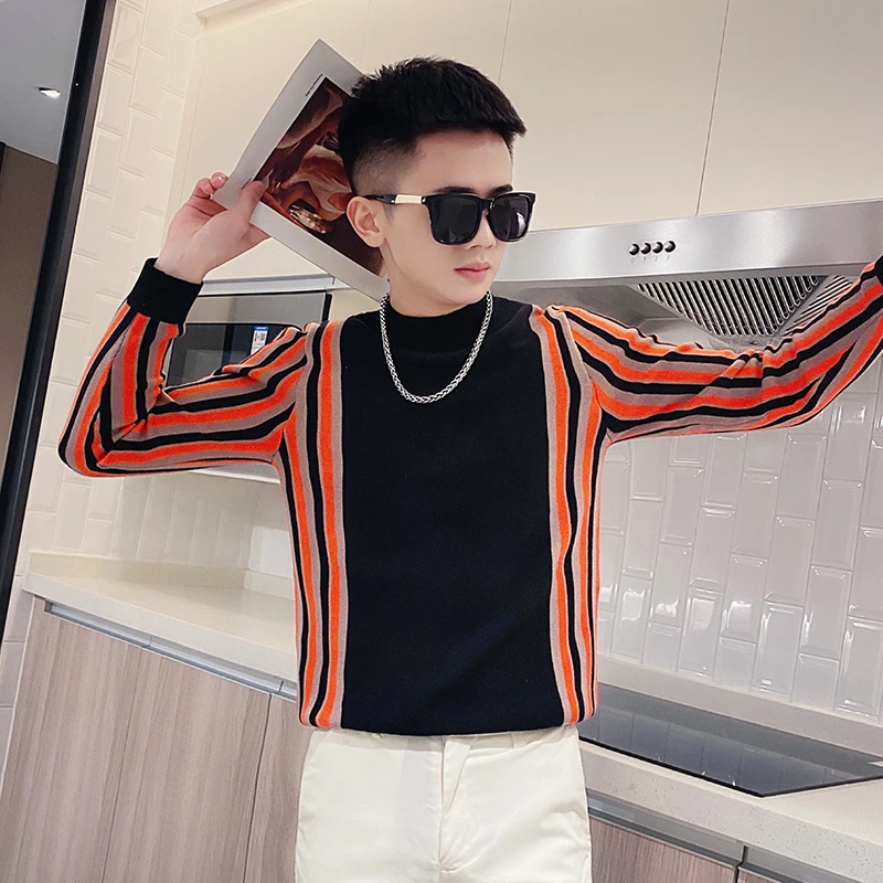 痞帅男士毛衣春秋季潮牌半高领针织打底衫2023新款爆款条纹上衣服
