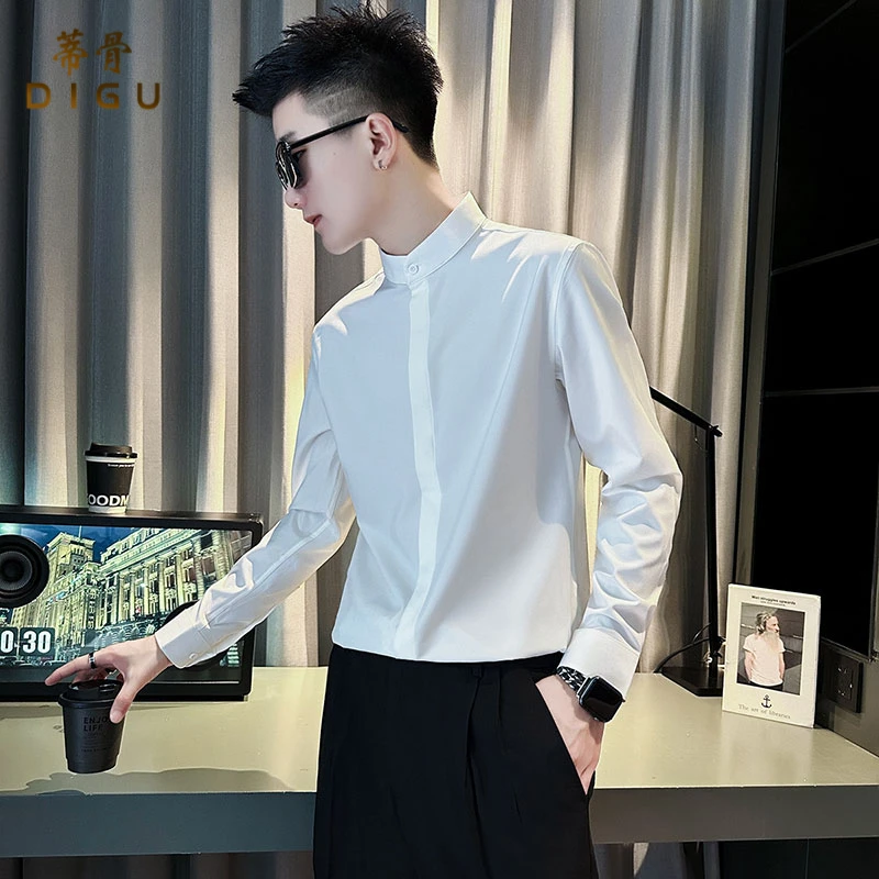 新中式长袖衬衫男士春秋季痞帅纯色衬衣男装2024新款爆款高端寸衣