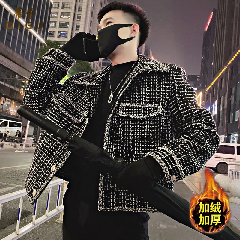轻奢小香风夹克男士加绒加厚保暖外套秋冬季2024新款爆款格纹上衣