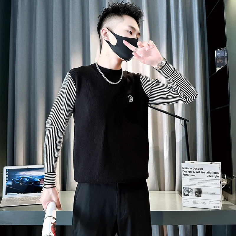 高档拼接条纹毛衣男士秋冬季修身打底针织衫2023新款爆款男装线衣