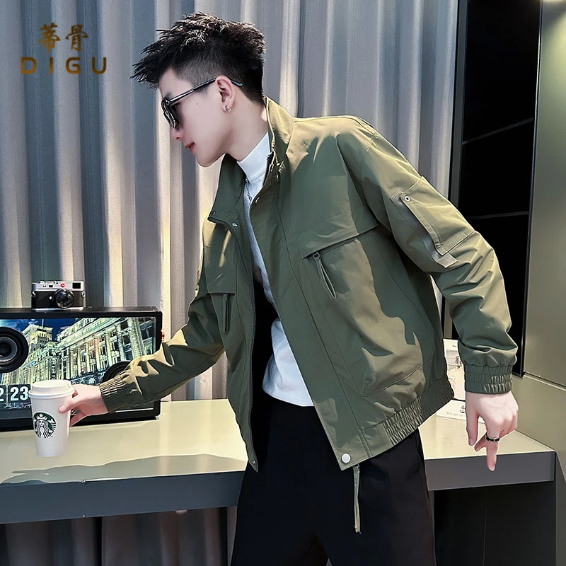 军绿色痞帅夹克男士秋冬装潮牌上衣春季2023新款爆款立领休闲外套
