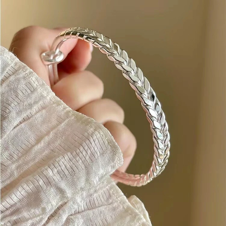 足银手镯 岁岁平安可调节百搭实心手工时尚素圈时尚简约素圈经典