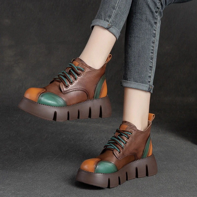 22206春季新款头层牛皮擦色复古风拼色松糕底短靴百搭休闲女鞋
