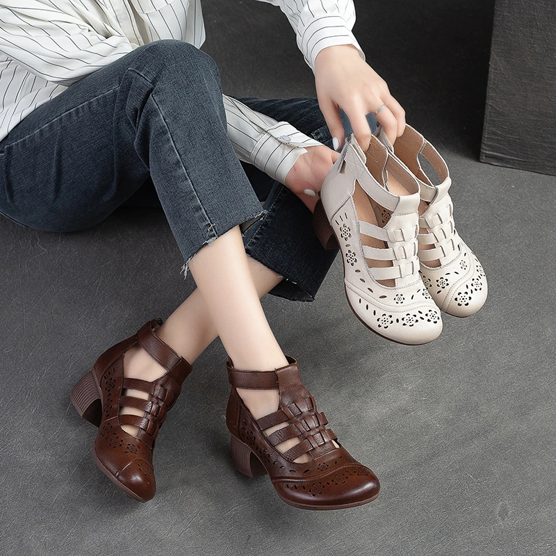 3611夏季新款中跟凉鞋罗马风凉靴透气舒适时尚百搭妈妈鞋真皮女鞋