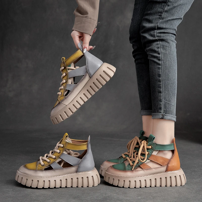 785-1夏季厚底凉鞋撞色复古风潮款罗马风前系带休闲女松糕鞋软底