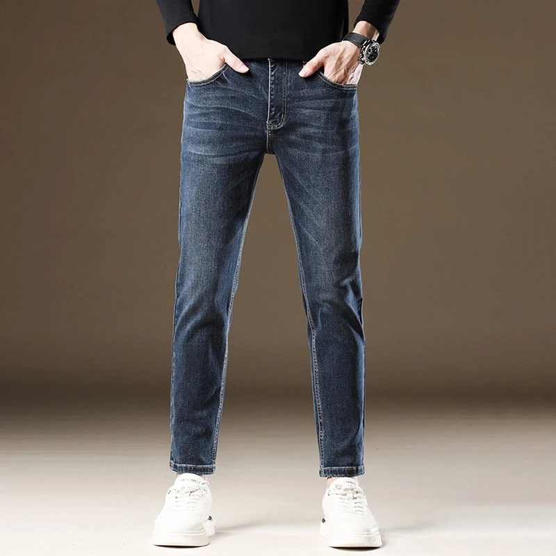 高端男士修身九分牛仔裤男小脚裤冬季厚款弹力休闲9分长裤