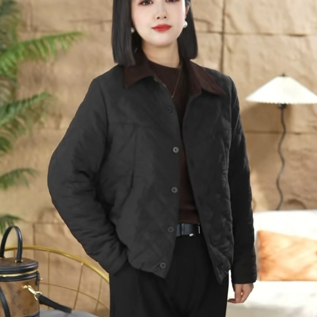秋冬轻薄款棉衣夹棉时尚衬衫领上衣女显瘦打格菱格女棉衣气质外套