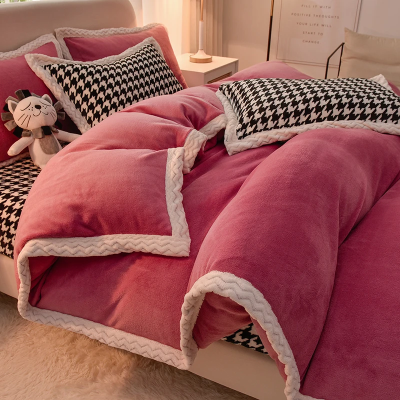 2023新款加厚千鸟格大包边牛奶绒纯色四件套学生单人宿舍