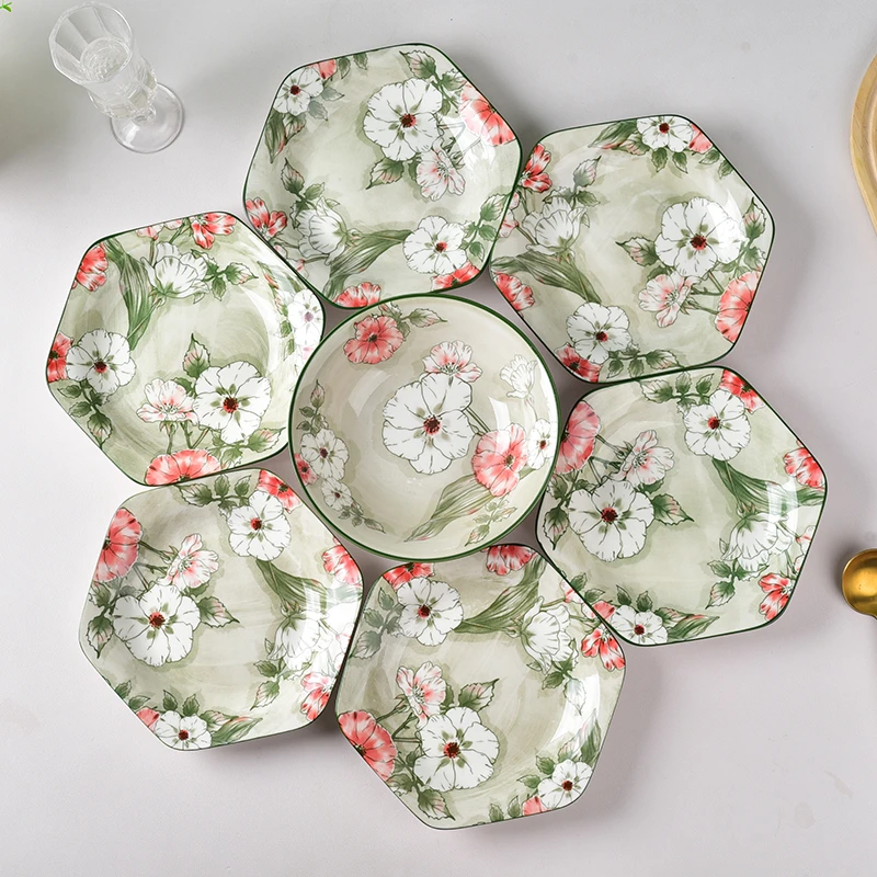 【佰陶匠】7件套装蔷薇花语家用颜值陶瓷餐具拼盘六角盘+斗碗
