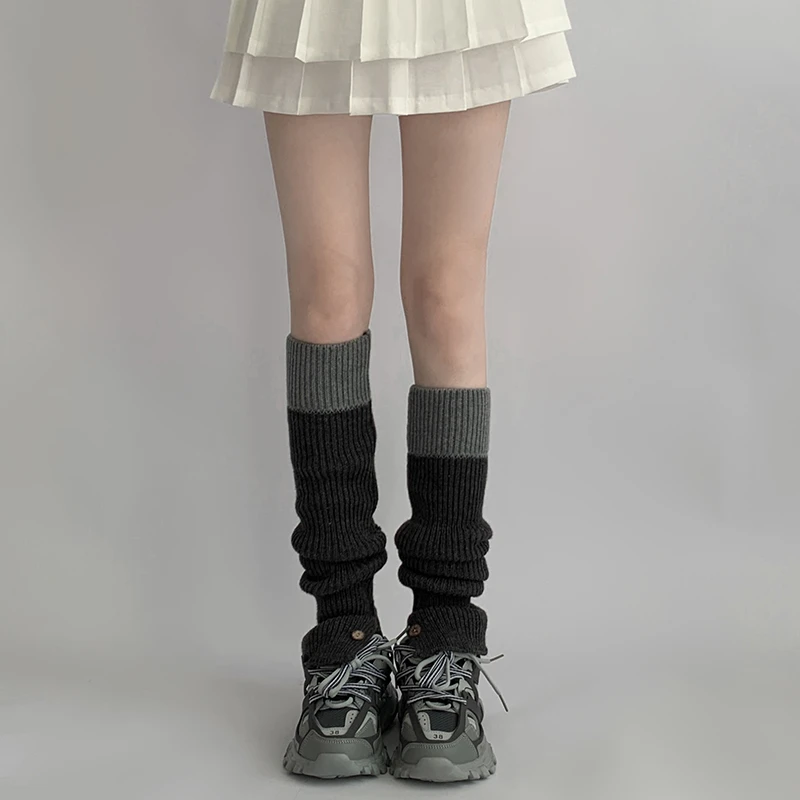 夜间教习室黑灰拼接袜套女春夏黑色堆堆袜中筒袜子拼色腿套小腿袜