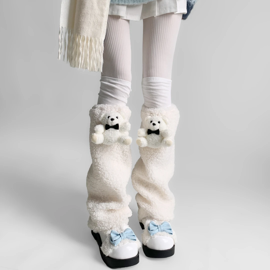 夜间教习室腿套冬季加绒可爱白色中筒圣诞节小熊lolita堆堆袜套女