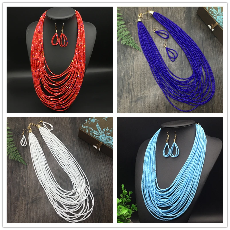 非金属亚克力项链 波西米亚多层米珠项链耳环套装民族风百搭配饰