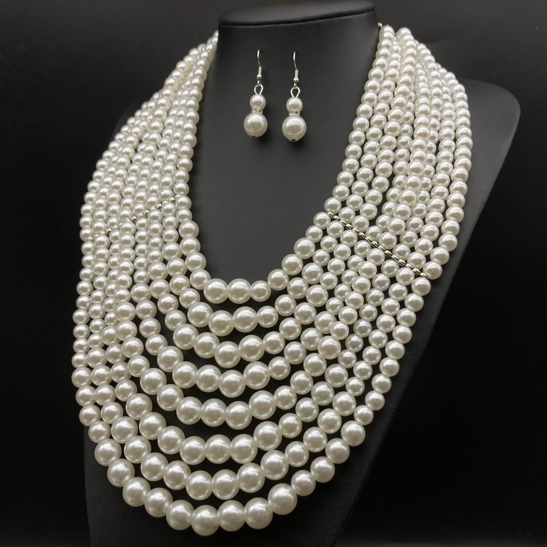 非金属亚克力项链 仿珍珠锁骨链欧美夸张奢华旗袍项链耳环套装