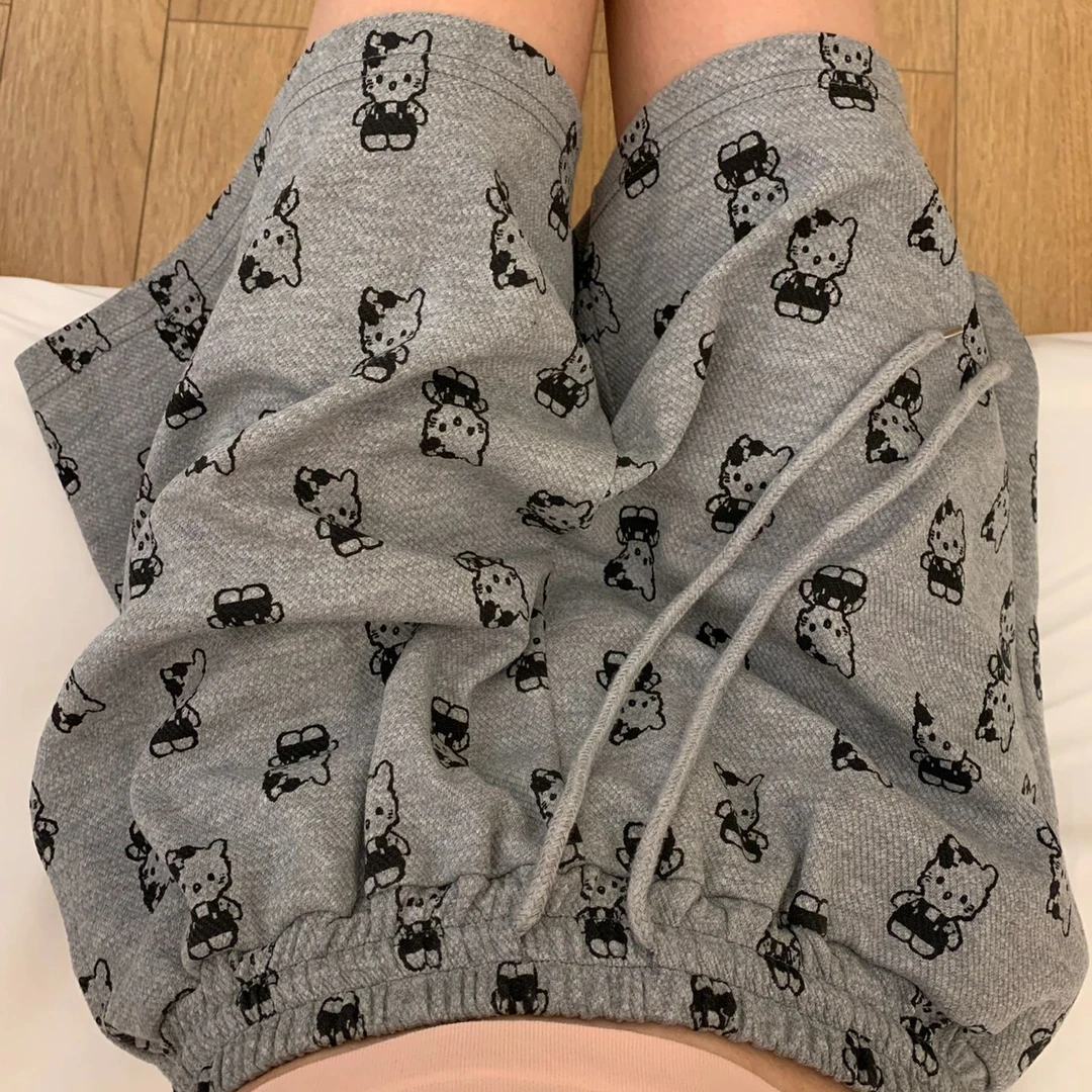 港风chic灰色卡通猫咪抽绳休闲裤女夏季宽松阔腿休闲百搭直筒短裤