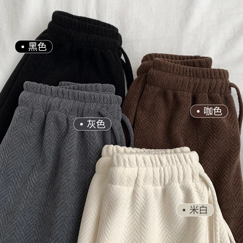 人字纹加绒加厚毛呢裤阔腿裤2023年秋冬新款松紧腰绑带休闲裤女