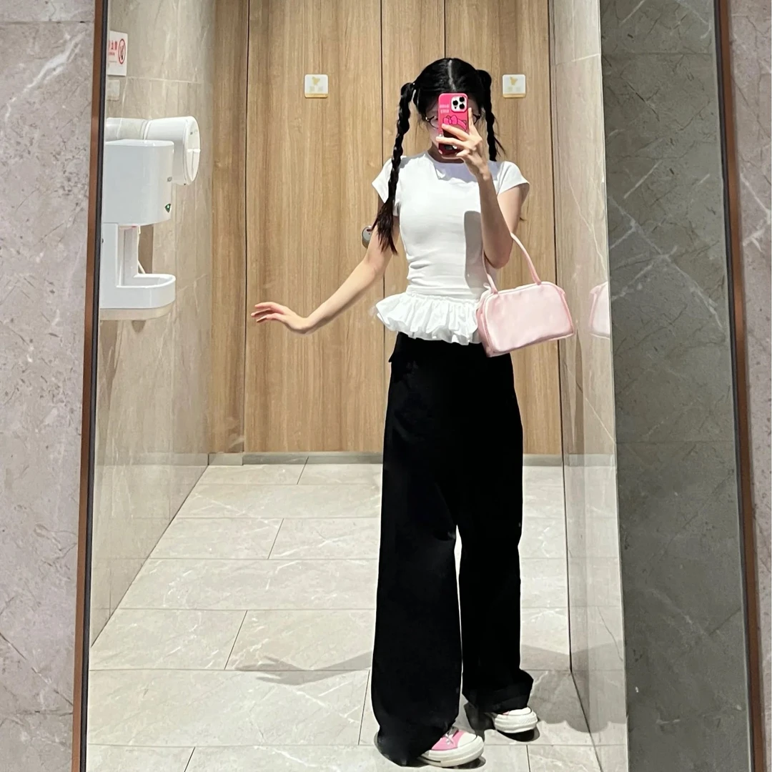 2024春夏美式小众设计感高腰阔腿休闲裤蓬蓬裙拼接花边黑色裤子女