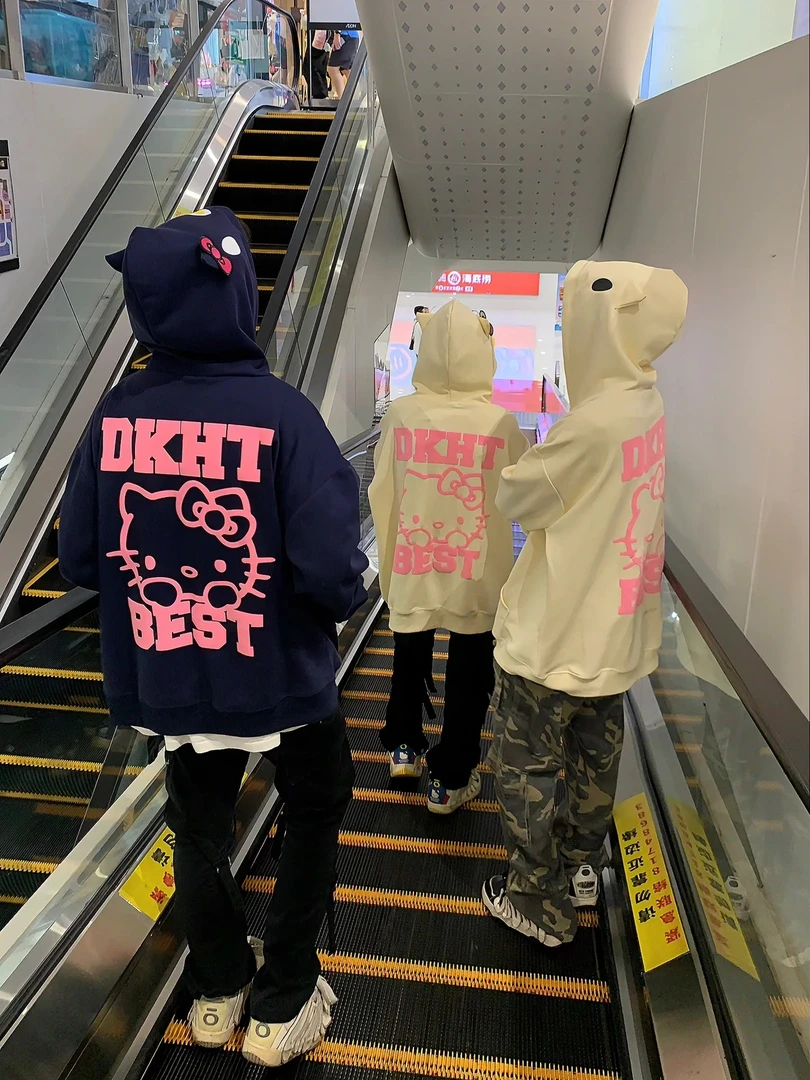 可爱卡通凯蒂猫情侣款加绒女秋冬新款宽松慵懒风开衫连帽外套上衣