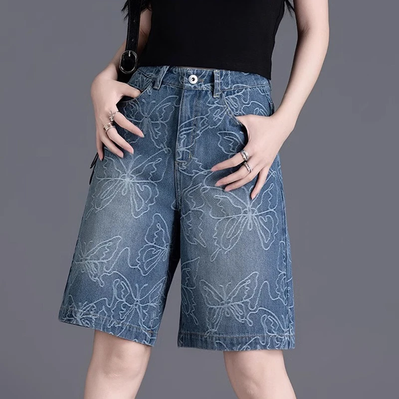 复古牛仔短裤女2024夏季新款高腰显瘦五分裤印花直筒薄款5分中裤