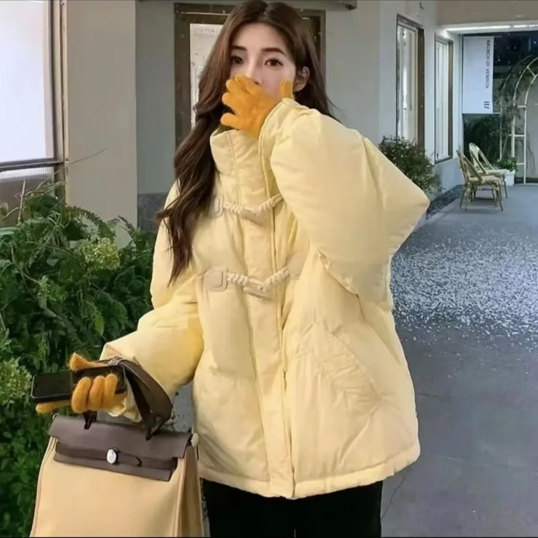 时尚牛角扣棉服韩版2024冬季新款加厚短款宽松外套ins