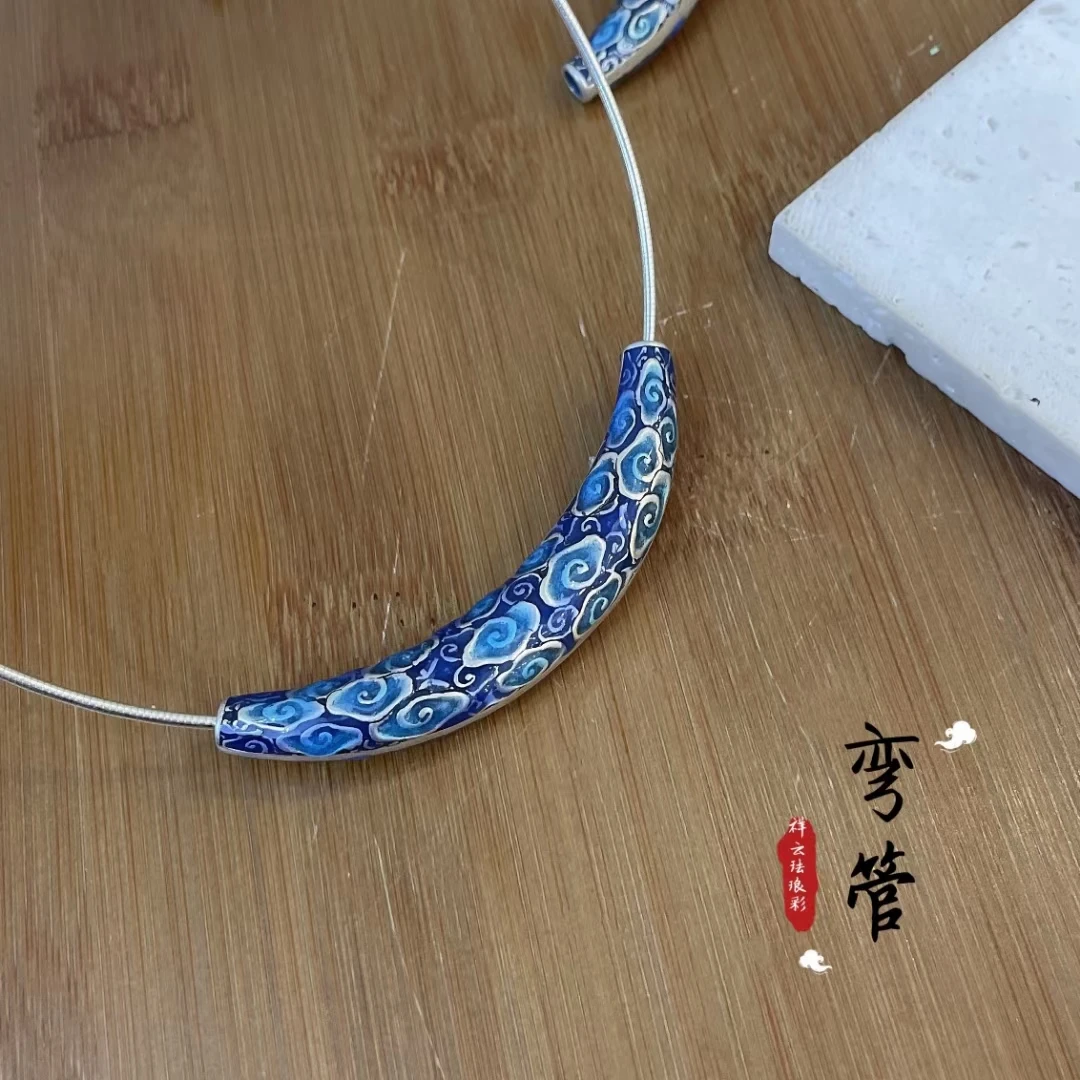 坠链均925银珐琅 【七牌银楼】纯银珐琅彩时尚祥云弯管项圈