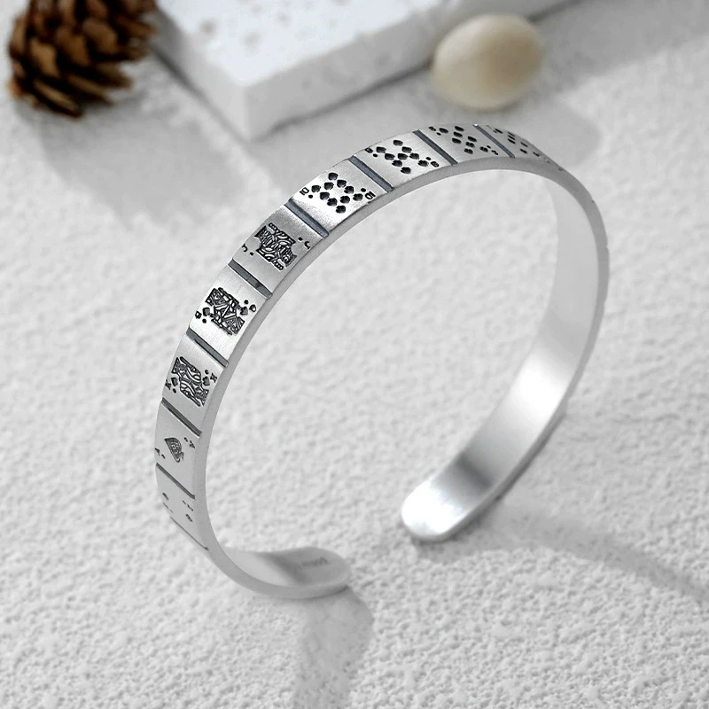 足银手镯 【七牌银楼】纯银手工扑克招财手镯复古