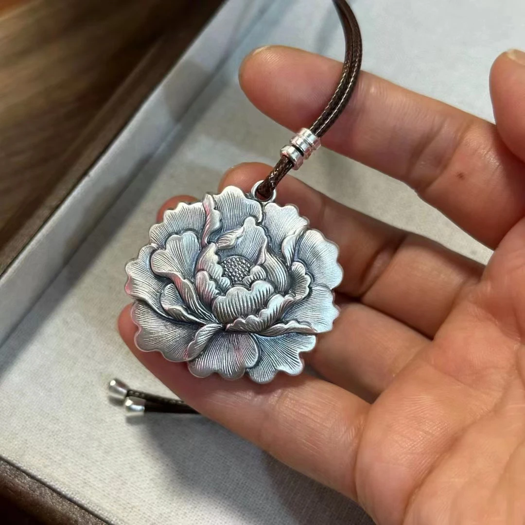 吊坠足银 《七牌银楼》纯银时尚牡丹吊坠复古纯手工民族风素款项坠