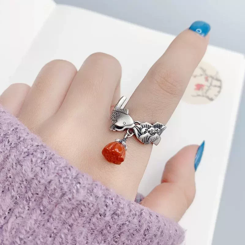 925银戒指 【七牌银楼】纯银时尚复古连年有鱼戒指