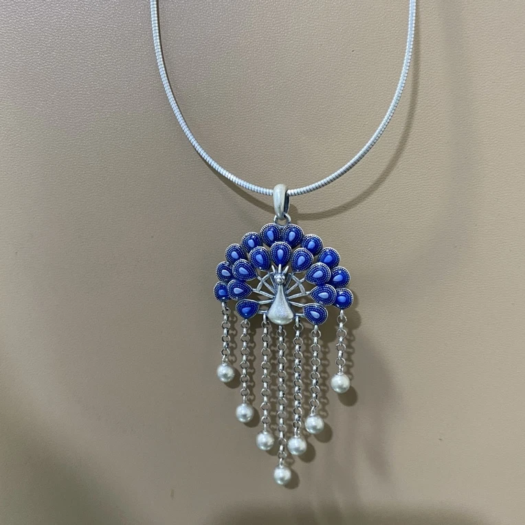 吊坠足银珐琅 【七牌银楼】纯银时尚孔雀开屏复古古风纯手工吊坠