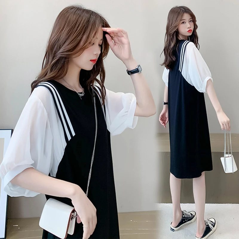 夏装2025新款减龄百搭拼接辣妈韩版假两件夏超显瘦连衣裙女308