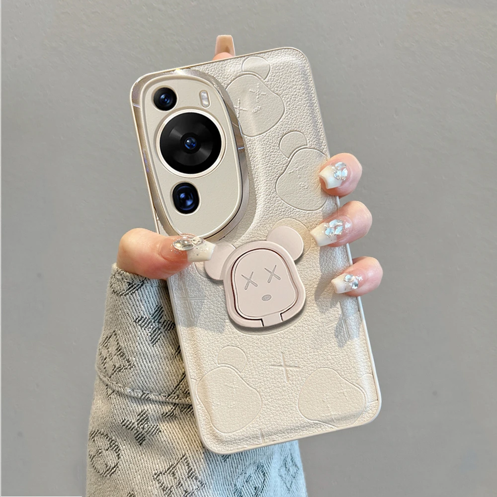 适用华为p60art手机壳p60pro新款创意卡通带支架全包防摔皮纹女款