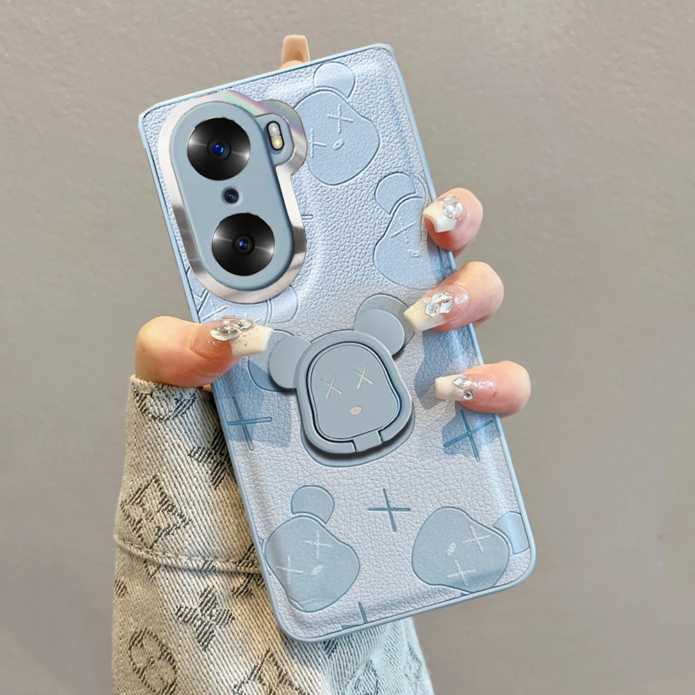 适用华为荣耀60手机壳60pro新款卡通带支架 曲屏全包防摔皮纹女款