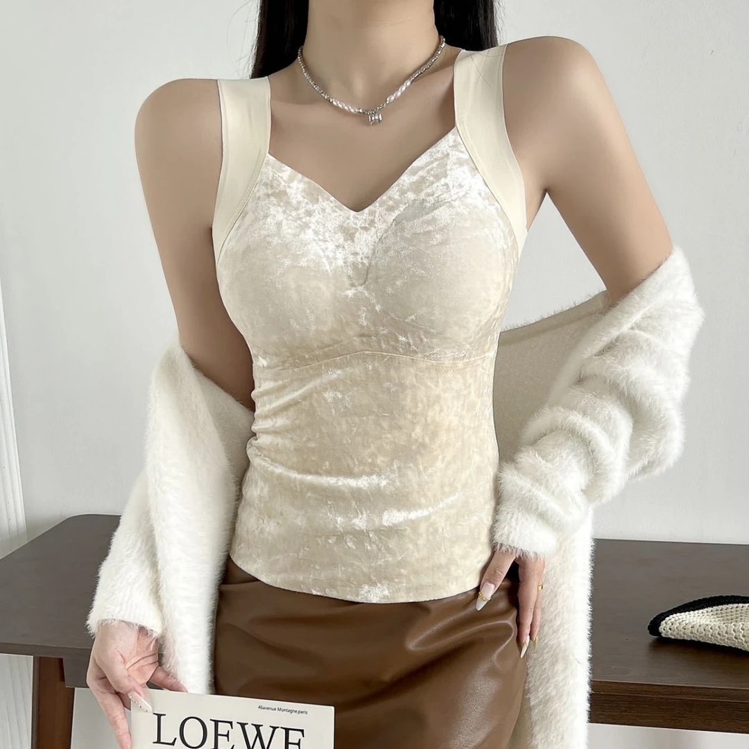 丝绒暖感固定杯外穿秋冬宽肩贵妇背心轻奢V领显瘦设计感保暖内衣