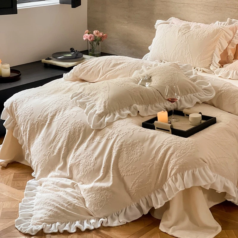 法式秋冬季加厚双面牛奶绒四件套花边被套保暖雕花珊瑚绒床品