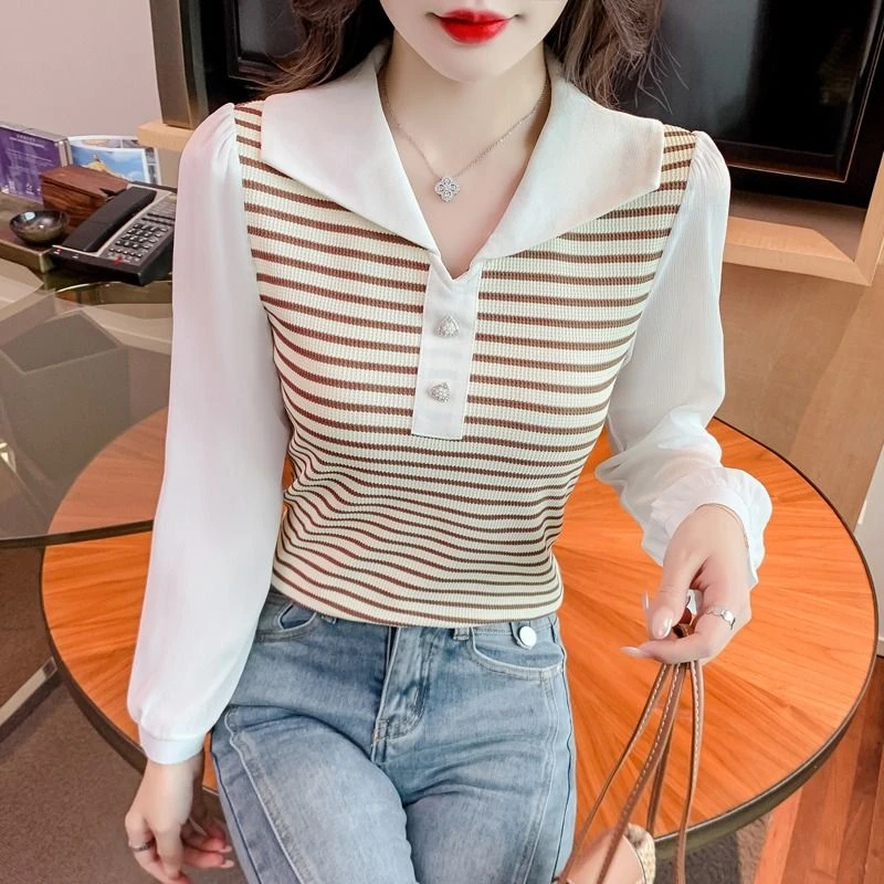 假两件打底衫春季2024新款女装时髦时尚洋气条纹显瘦百搭长袖上衣