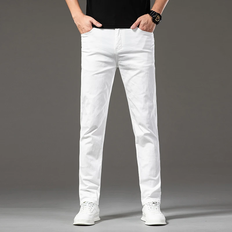 2019欧美高街潮牌弹力修身白色小脚牛仔裤男