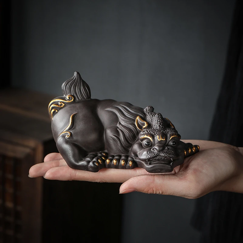 新中式大号陶瓷桌面摆件紫砂茶宠摆件精品紫砂貔貅茶桌茶前摆饰