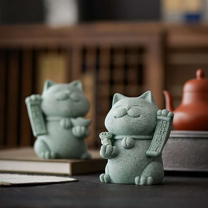 青砂石创意青砂石招财猫茶宠摆件精品可养茶玩茶桌茶台茶具装饰品