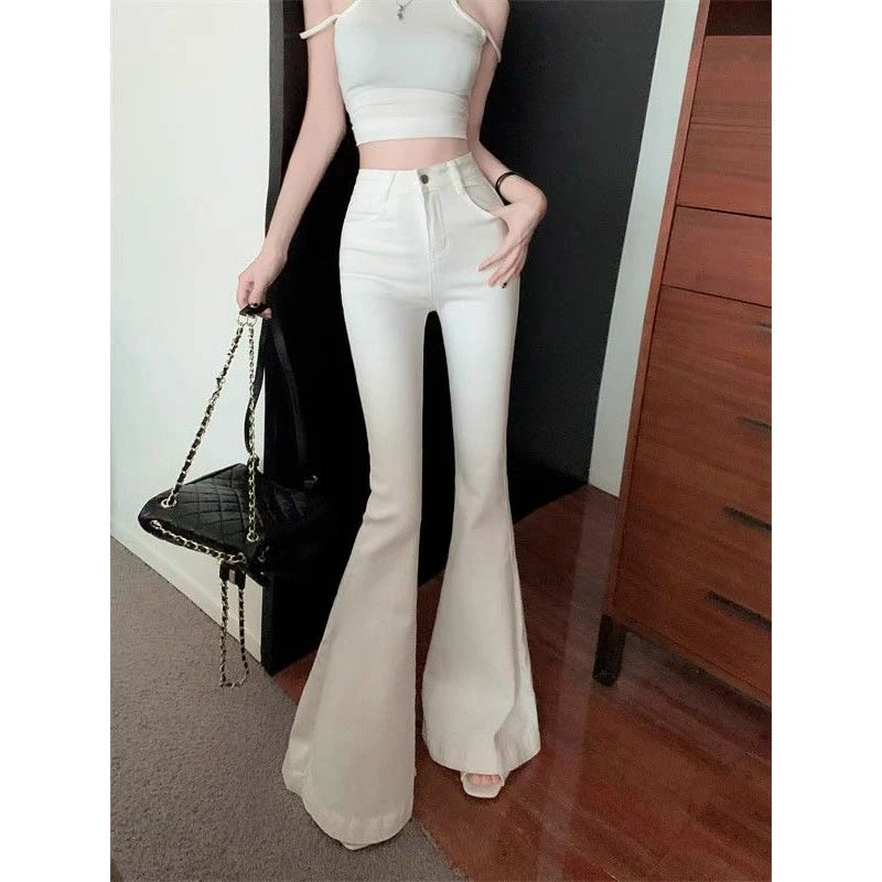 白色高腰鱼尾大喇叭牛仔裤女秋季新款修身显瘦弹力马蹄拖地裤长裤