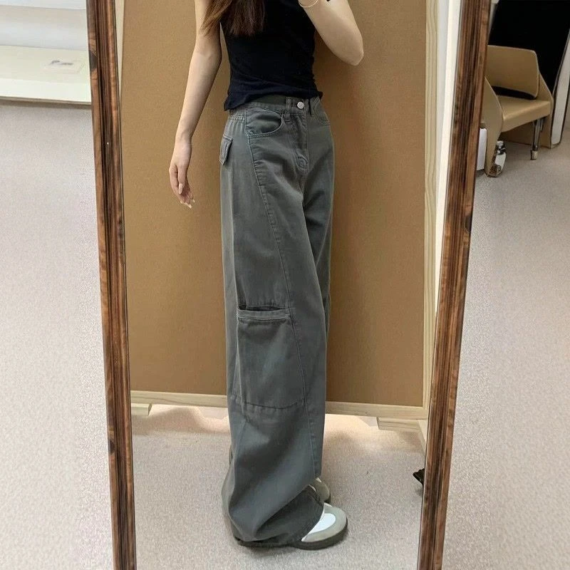 灰色牛仔工装裤女2025春季新款美式复古高腰宽松直筒显瘦阔腿裤子