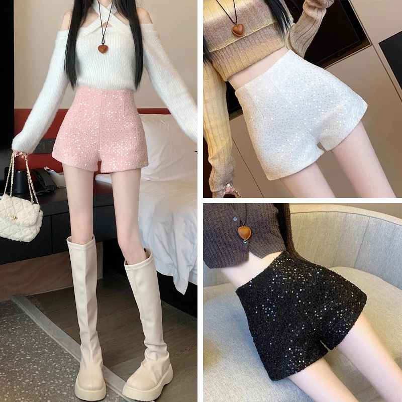小香风亮片短裤女秋冬季2024新款小个子白色裤子高腰显瘦外穿靴裤