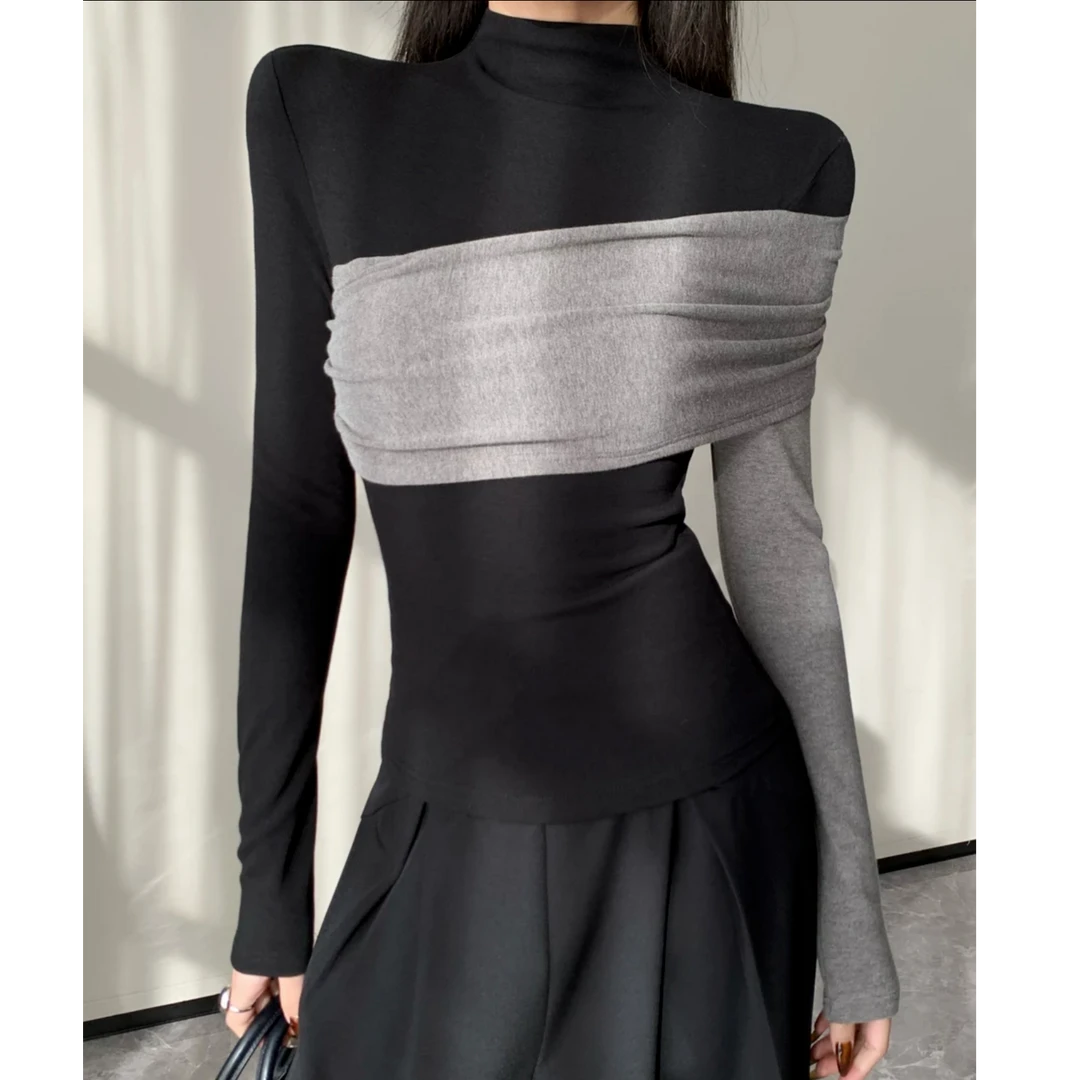 2024冬季法式加绒黑色修身显瘦拼接设计气质高级高领打底上衣