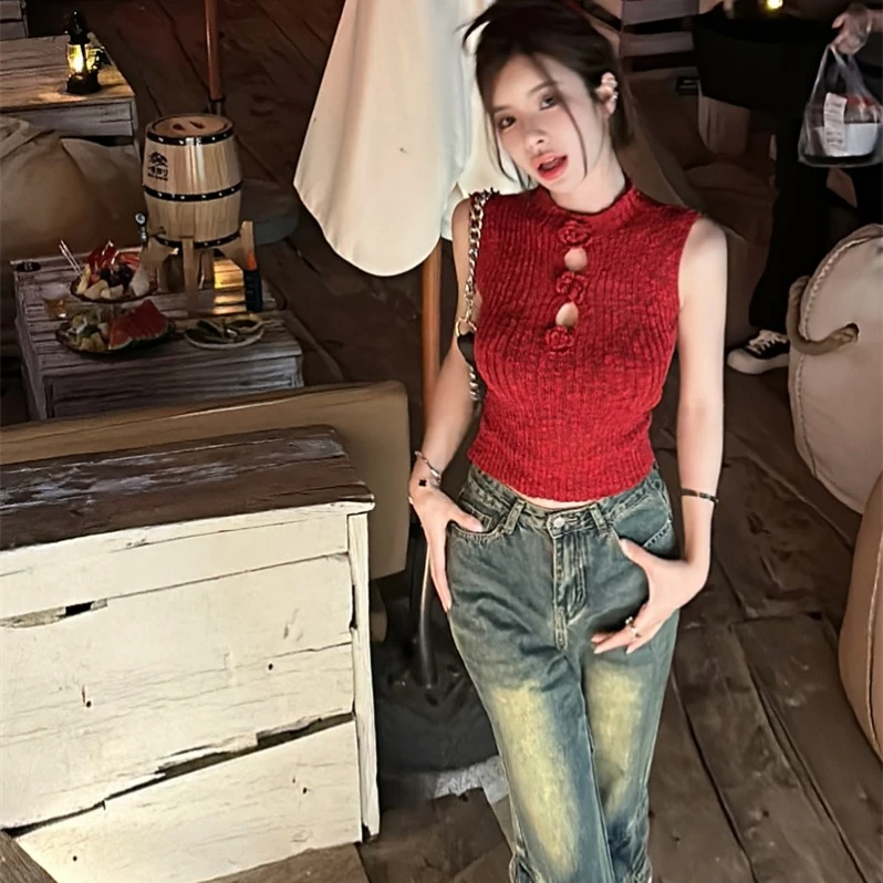 立体花朵镂空半高领无袖针织背心女夏季修身红色辣妹短款上衣外穿