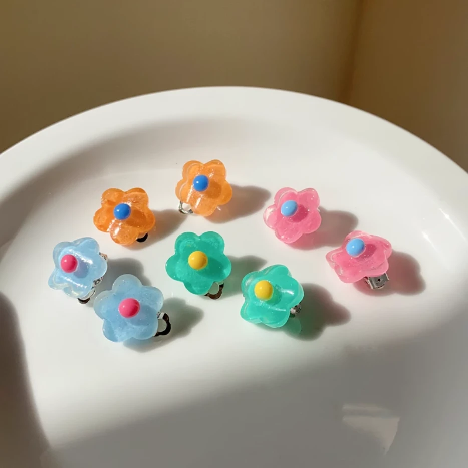 合金亚克力耳饰 夏日涂鸦~彩色花朵耳夹女2024新款无耳洞耳饰多巴