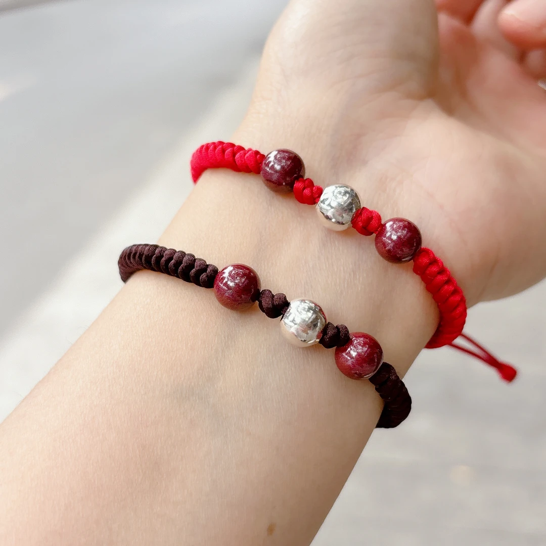 足银手链 珠珠编绳手链编织女款情侣本命年红色手绳可调节饰品